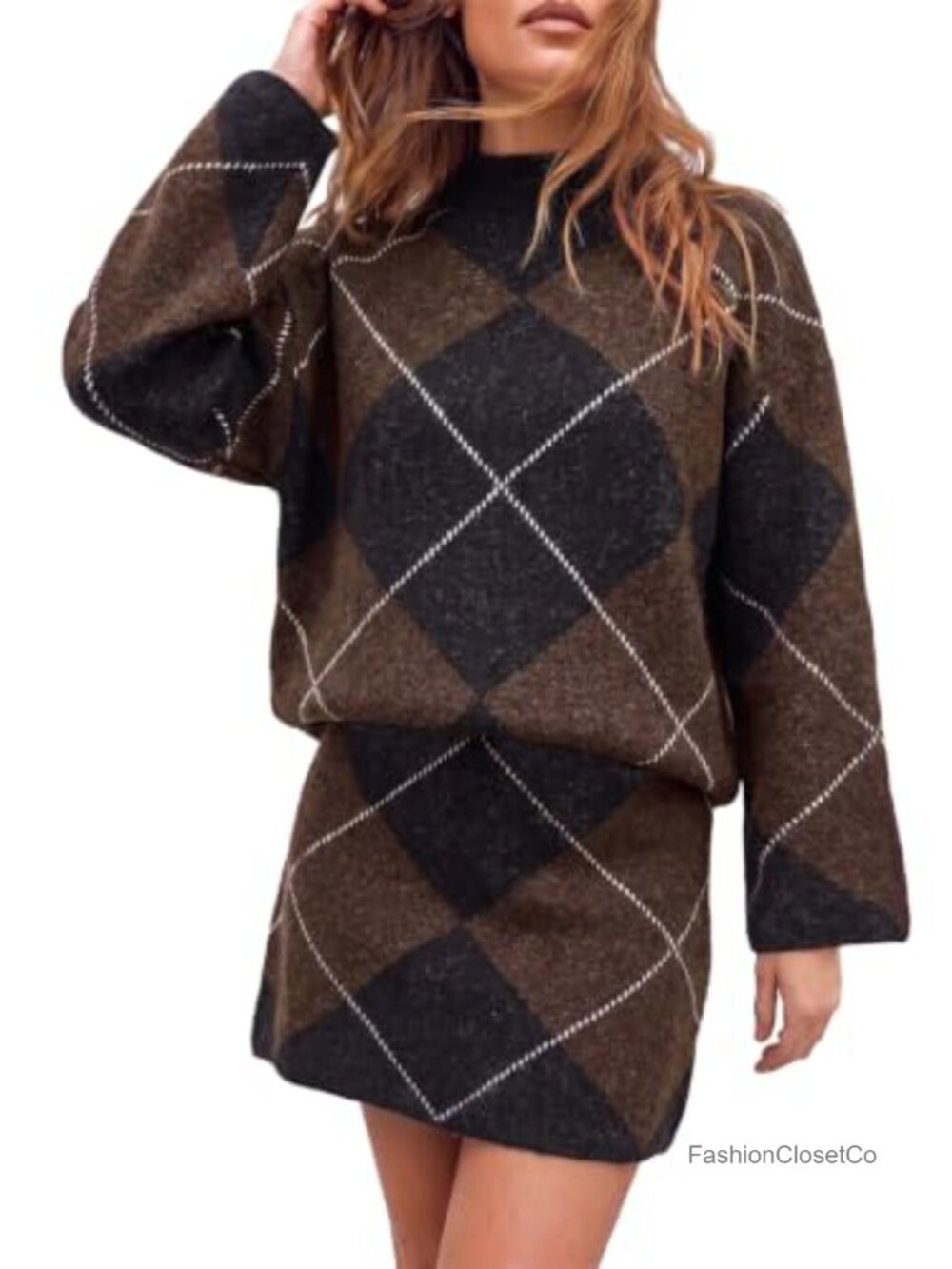 Argyle Sweater Skirt Set 2 Piece Plaid Knit Turtleneck Mini Skirt Outfit